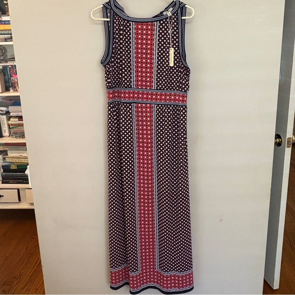 👗 Max Studio Geometric Print Maxi Dress – Red/Blue – Size L – NWT